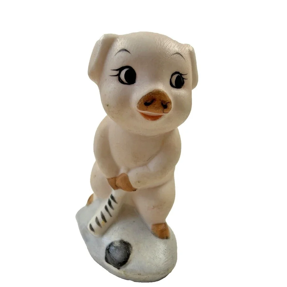 Vintage Pig Hockey Player Figurine Hand Painted Ceramic Made in Japan Style 3”